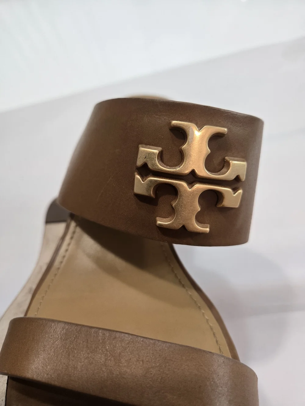 Tory Burch Everly Wedge Leather High Heel Brown Slide Sandals Sz 9 M Brown Gold